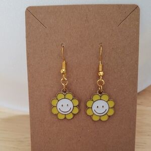 Gold & Yellow Smiley Face, Flower Charm Dangle Earrings With Fishhook Backing